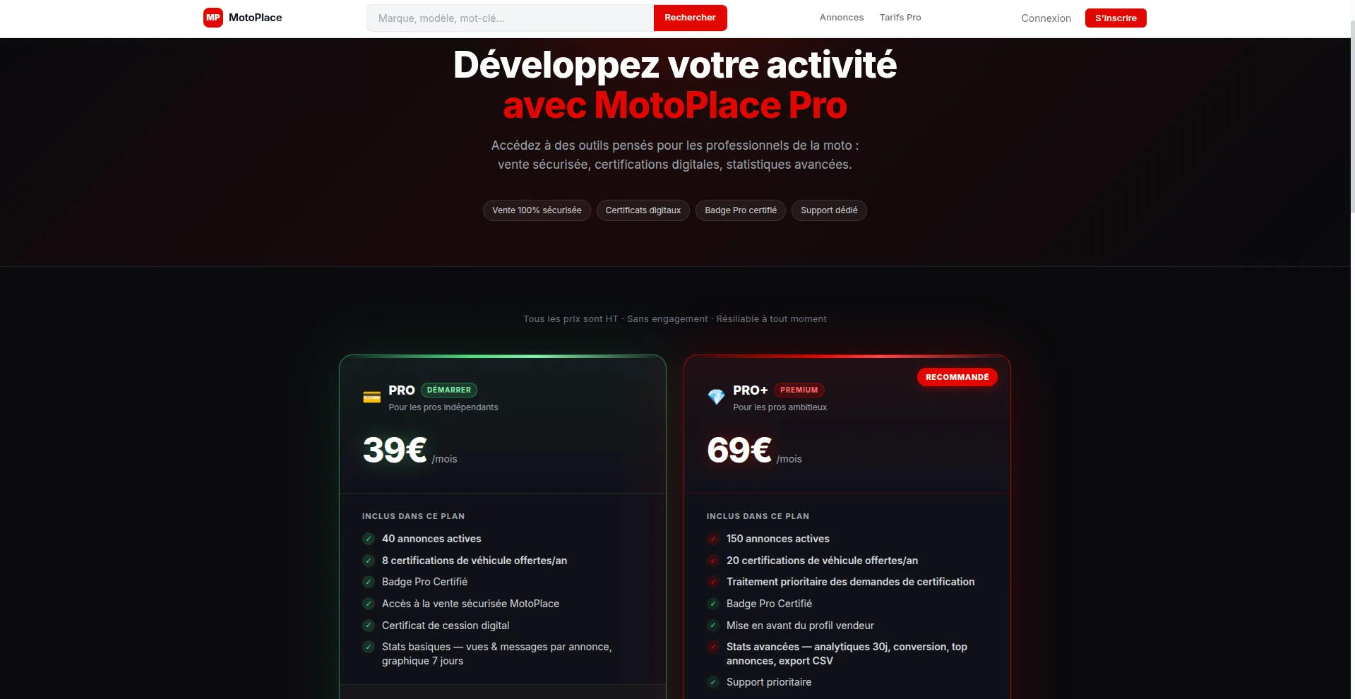 MotoPlace, offre professionnelle